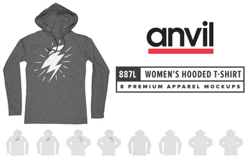 Anvil Knitwear 887L Women’s Lightweight Long Sleeve Hooded T-Shirt Mockups