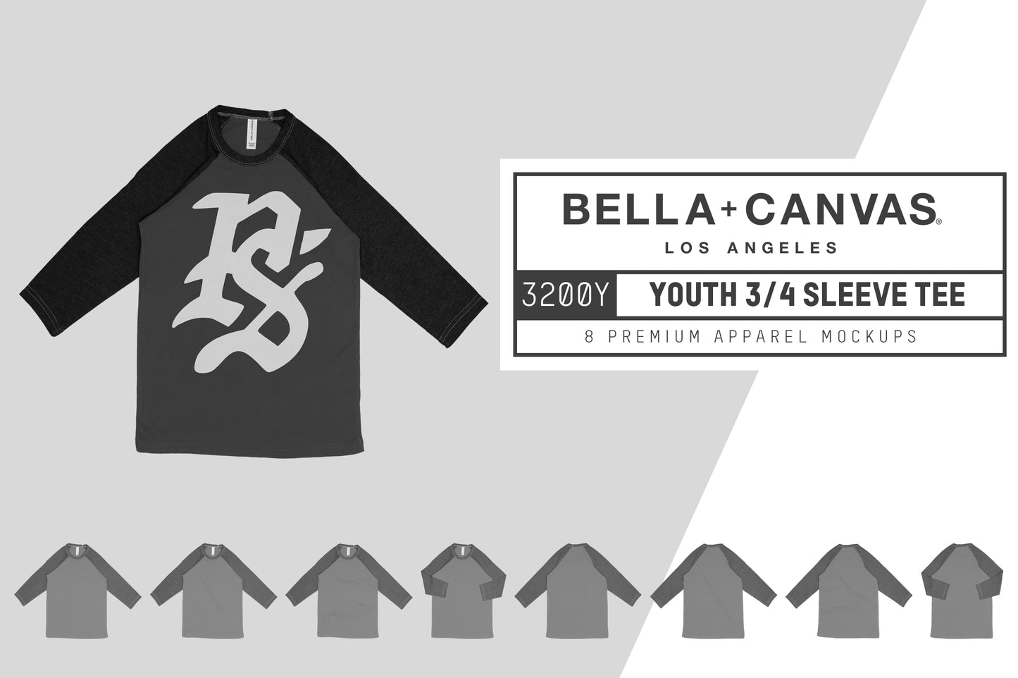 Bella + Canvas 3200Y Youth 3/4 Sleeve Raglan Mockups