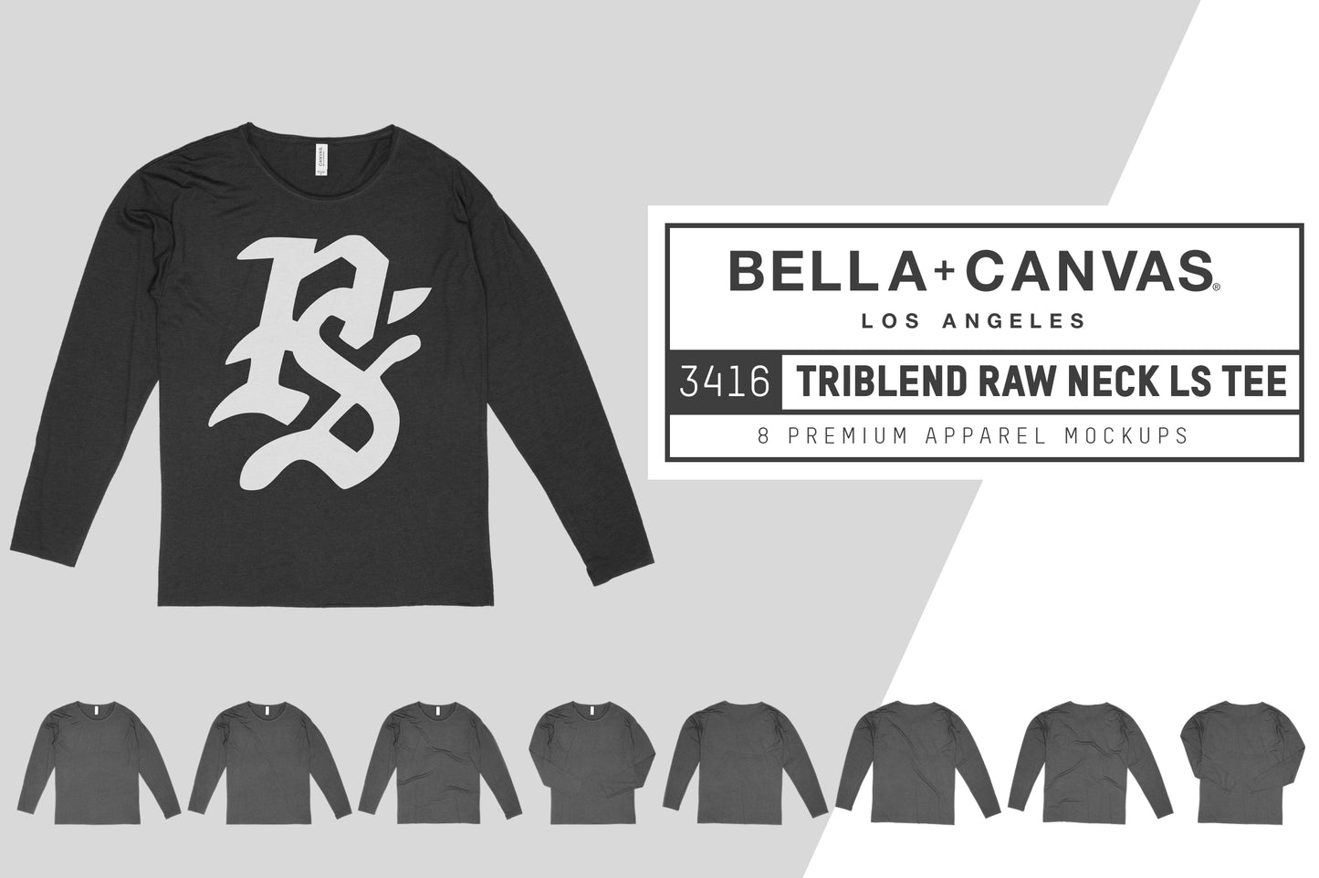 Bella + Canvas 3416 Raw Neck LS T-Shirt Mockups