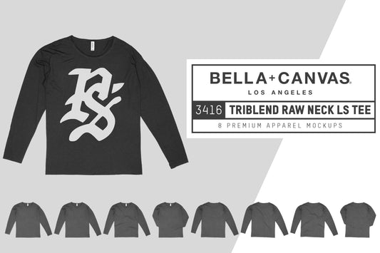 Bella + Canvas 3416 Raw Neck LS T-Shirt Mockups