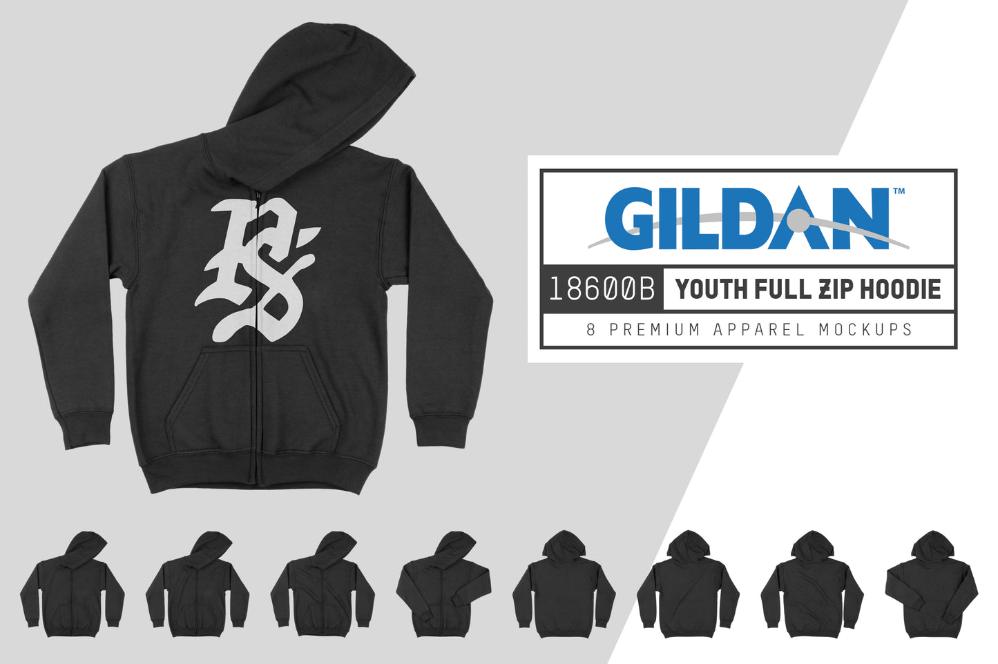 Gildan 18600B Youth Zip Up Hoodie Mockups