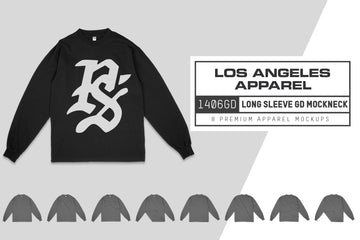 Los Angeles Apparel 1406GD Long Sleeve Garment Dye Mock Neck T-Shirt Mockups