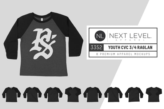 Next Level 3352 Youth CVC 3/4 Raglan Mockups