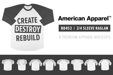 American Apparel BB453 Unisex 50/50 Raglan 3/4 Sleeve T-Shirt Mockups