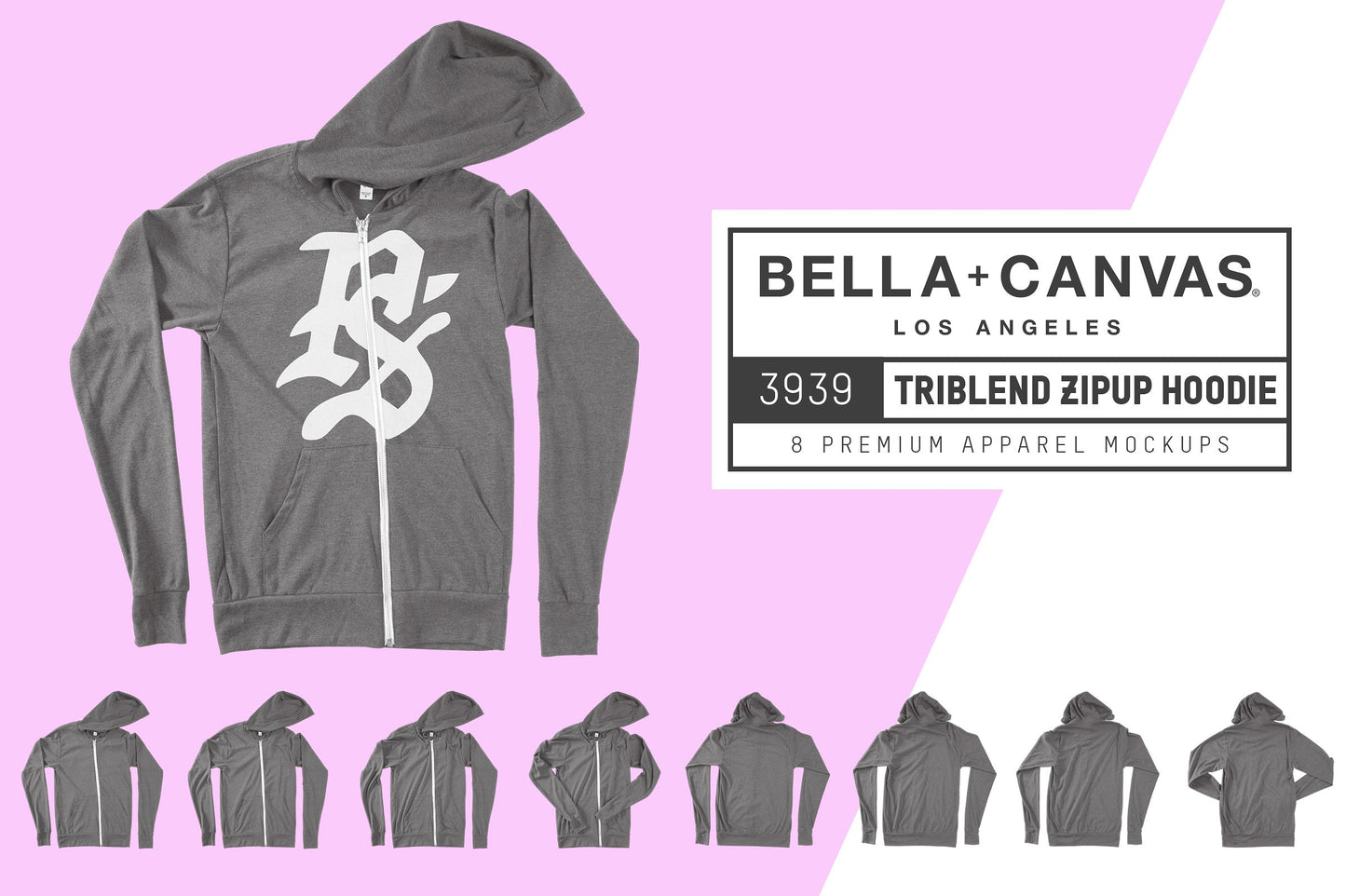 Bella + Canvas 3939 Zip-Up Hoodie Mockups