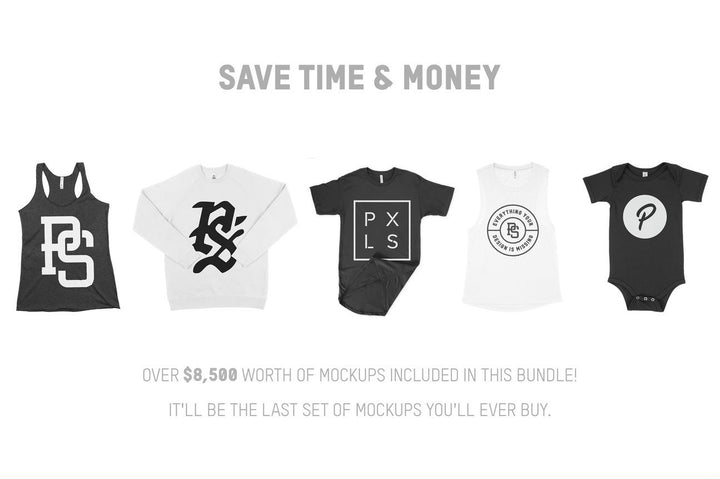 Finished Pixel Sauce mockups showing graphic artwork on a black tank, white sweatshirt, black T-shirt, white tank and baby bodysuit