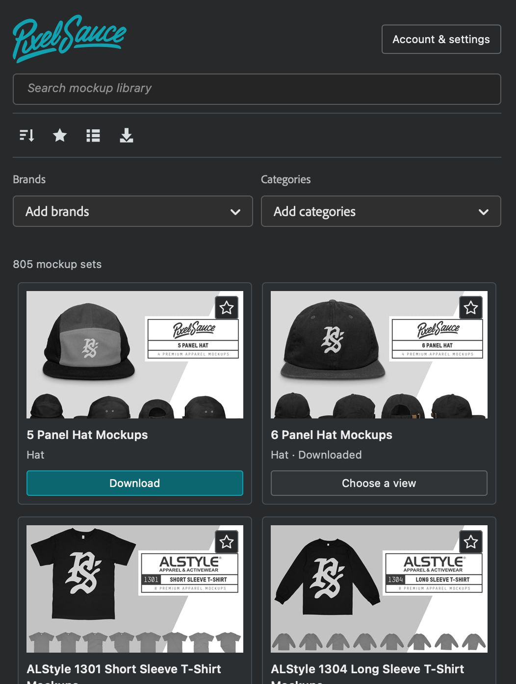 The Pixel Sauce Photoshop plugin showing searchable apparel mockup sets, brand and category filters, and favourites