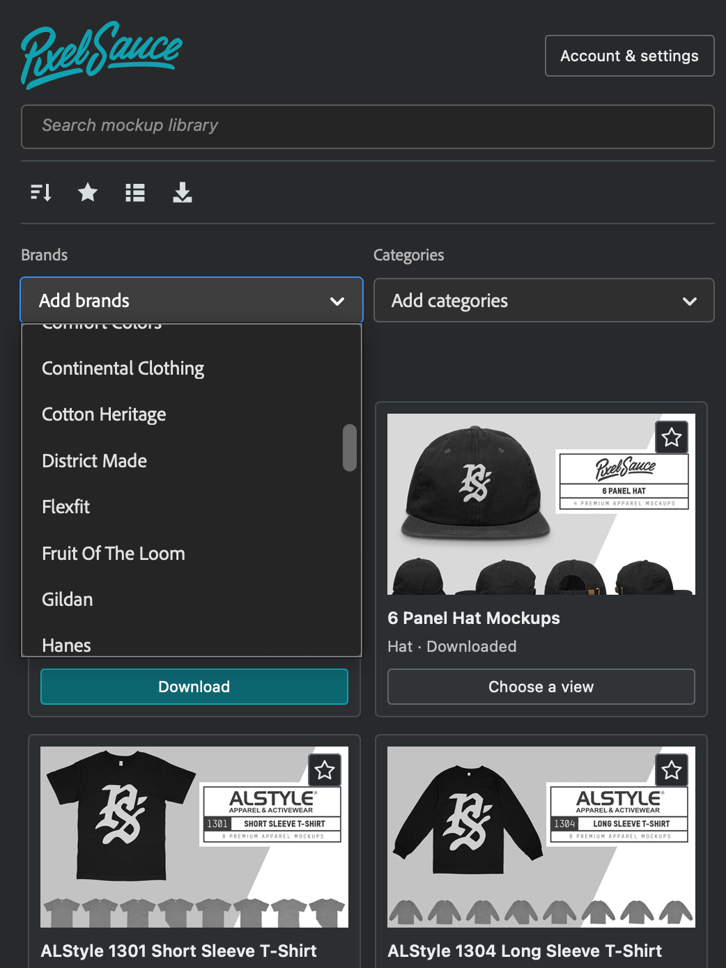 Pixel Sauce brand dropdown open inside Photoshop