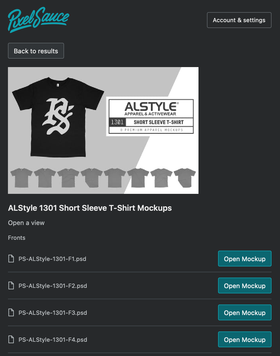 ALStyle 1301 mockup with front views and Open Mockup buttons