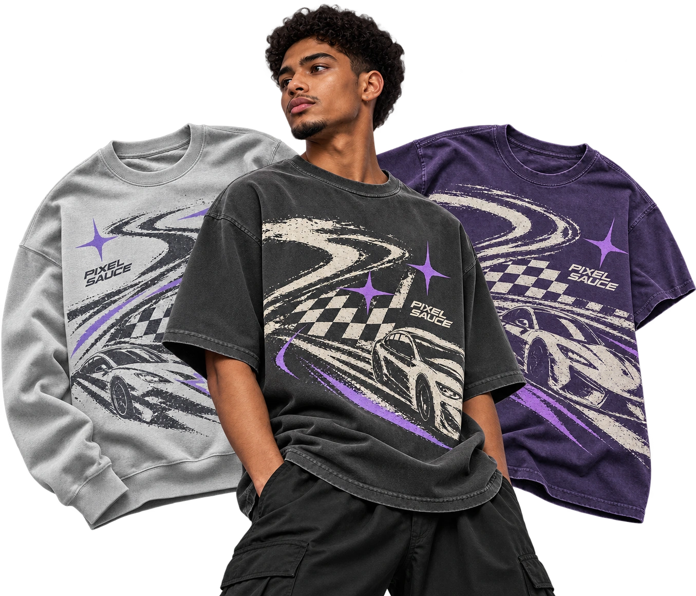 Pixel Sauce streetwear mockups: model in a charcoal graphic T-shirt, with silver and violet flat-lay garments